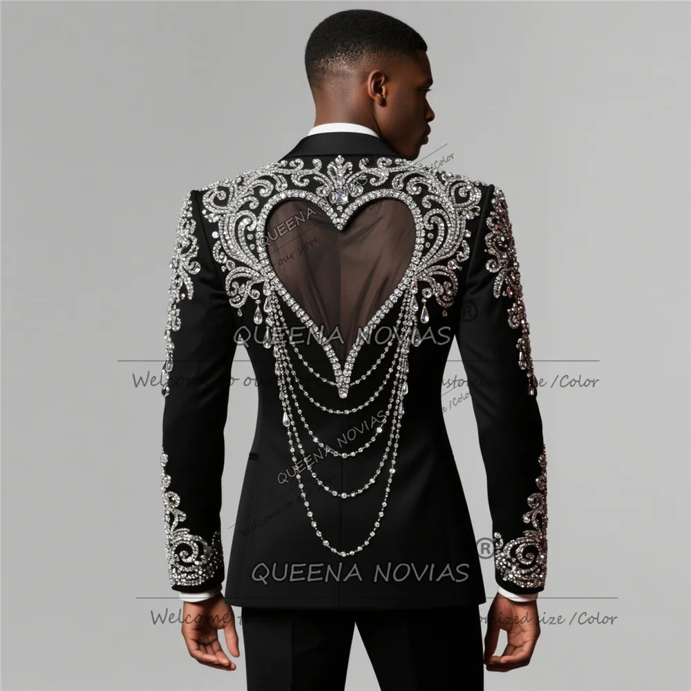 Beaded Stones Suit Attire Men Unique Design Cut-Out Single Breasted Prom Blazer For Wedding 2 Piece Set Groom Tuxedos Customized