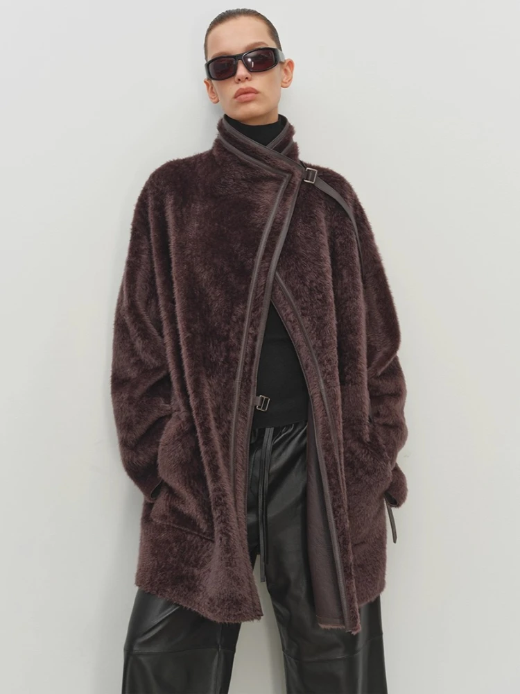 High-end Luxury Natural Lamb Fur Jackets Shearling for Women Simple Stand Collar Mid-length Winter Genuine Leather Real Fur Coat