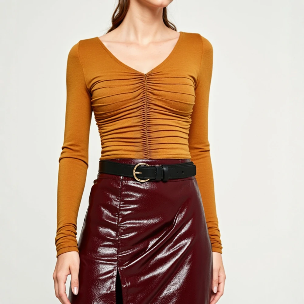 

Mia Muse Autumn T-Shirts 2025 Women's Fashion Solid Color Long Sleeve V-Neck Folds Skinny Fit Office Lady T-Shirts