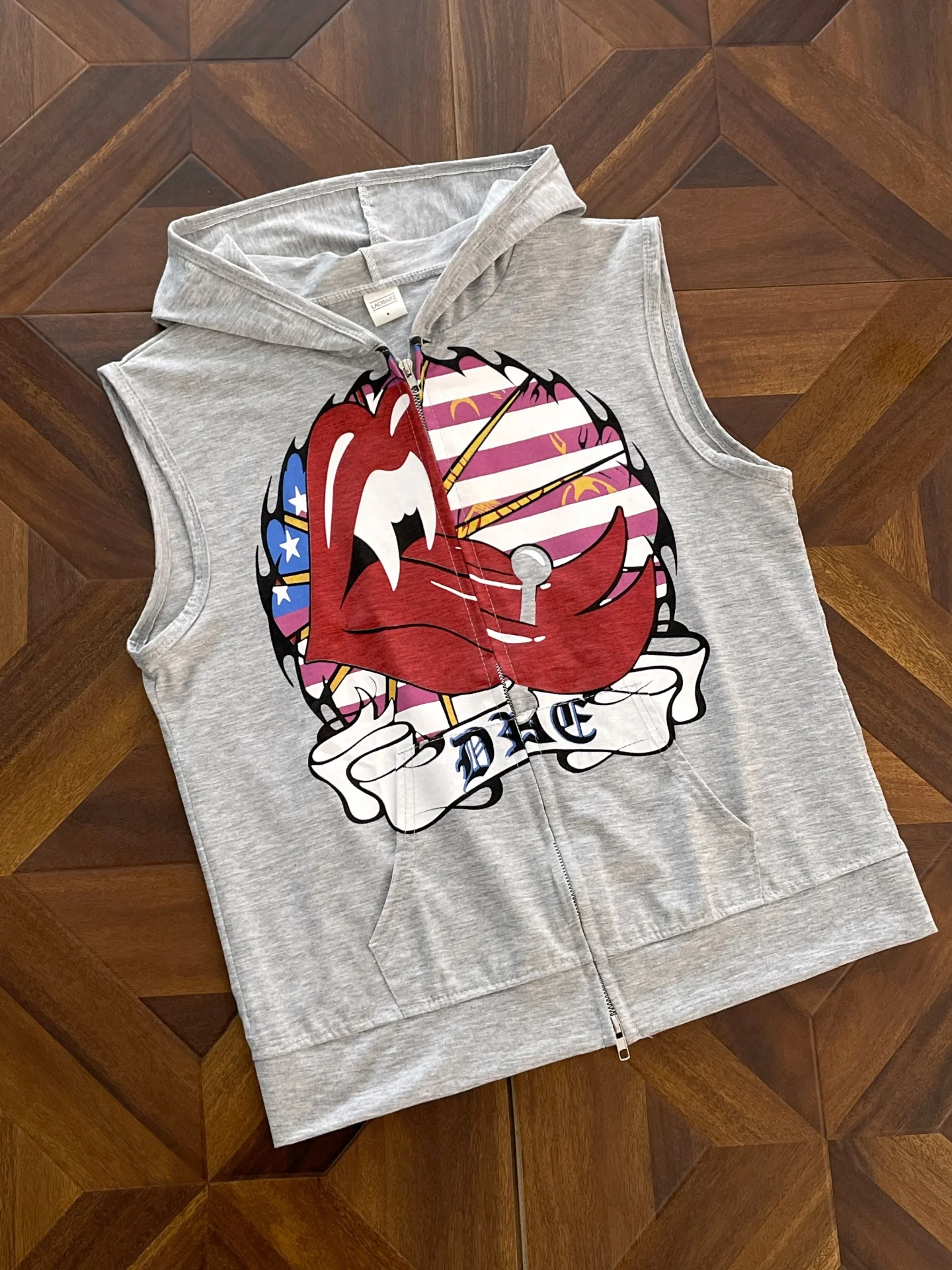 Retro Hooded Sleeveless Vest Men's American Street Loose Lip Print Zipper Open Cardigan Vest Jacket Youth Summer Casual Wear