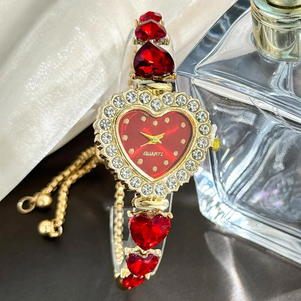 

Stylish Heart Dial Timepiece Elegant Heart Shaped Rhinestone Bracelet Watch for Women Adjustable Quartz Wristwatch for Ladies