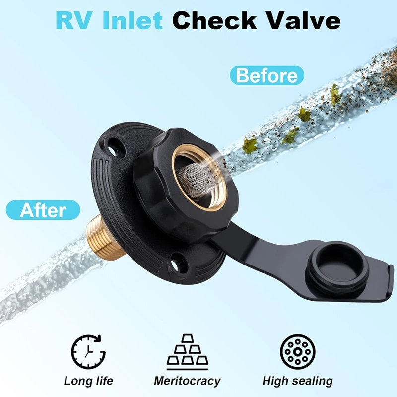 مداخل مياه ABGR-RV، مدخل مدينة RV مع صمام فحص، موصل خرطوم مياه RV مع غطاء، 3/4NH أنثى إلى 1/2NPT ذكر