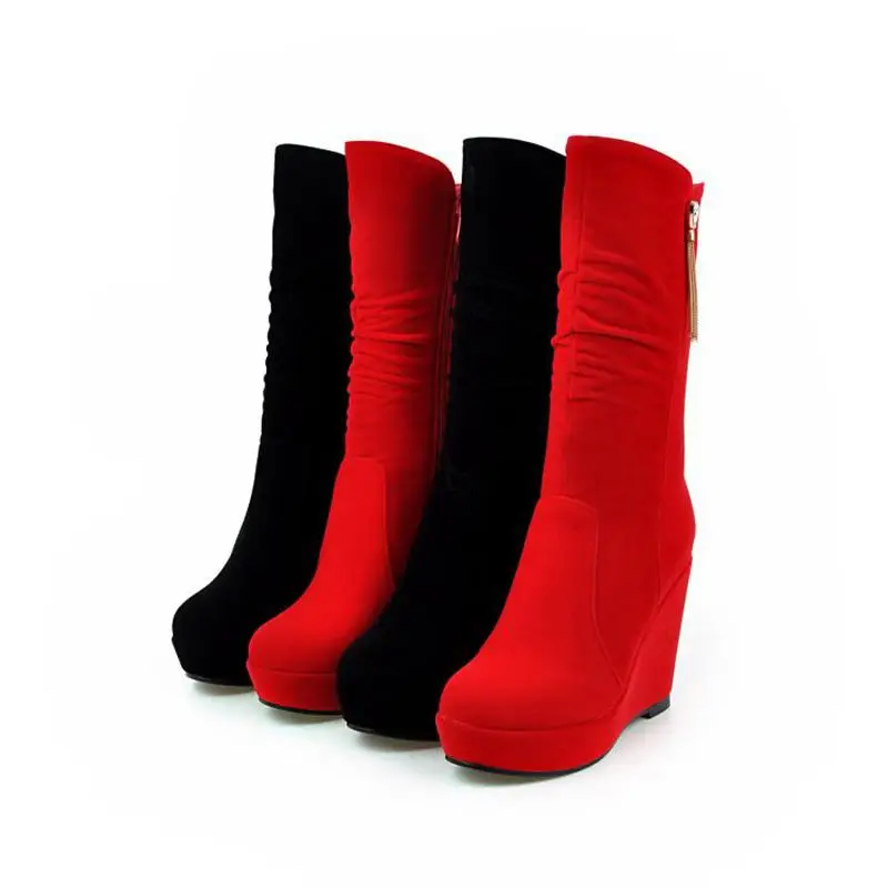 REAVE CAT Fashion Women Mid Calf Boots Round Toe Wedges 11cm Platform 3cm Decoration 42 43 Sexy Female Bota