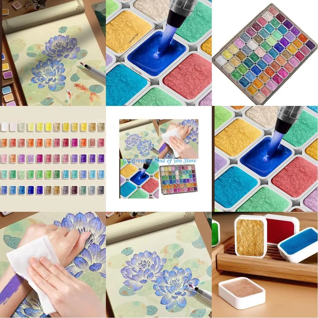

H9EB 60 Colors Watercolor Paint Set for Artists Glittering Solid Watercolor Painting Easy to Use Pearlescent Pigment