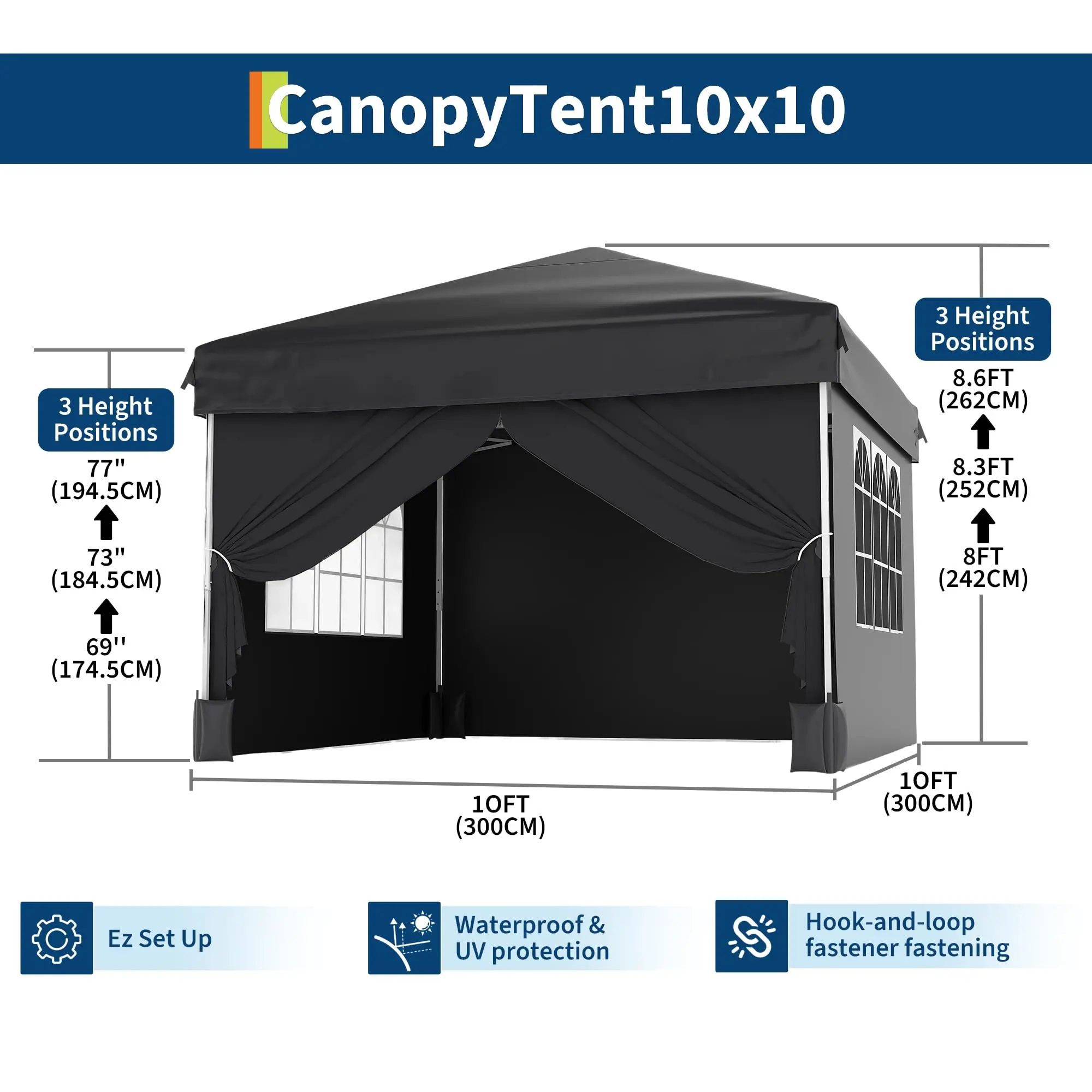 10x10 ft Pop Up Canopy Tent – Waterproof Outdoor Shelter with 4 Window Sidewalls, UPF 50+, Sandbags & Stakes, Carry Bag – Quick Setup Instant Gazebo for Camping, Parties, Markets