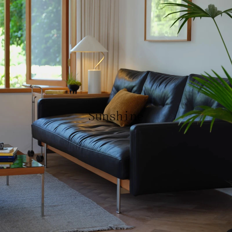 

Nordic Japanese retro living room black microfiber leather waterproof three-person small apartment