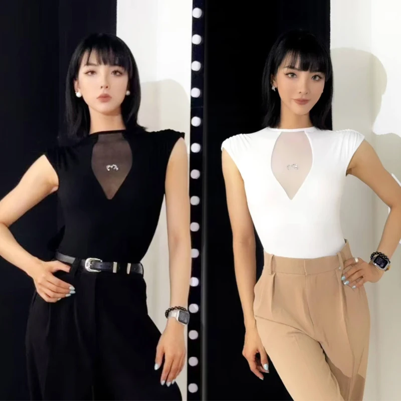 White Black Short Sleeves Samba Ballroom Dance Top Women Rumba Latin Dance Training Tops Adults Modern Dancing Top SL13622