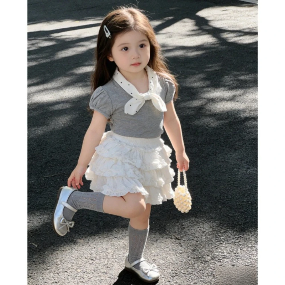 Summer New Casual Cute Suit Bow Collar Short Sleeved Top+lace Cake Skirt Two-piece Set for Girls To Wear When Going Out