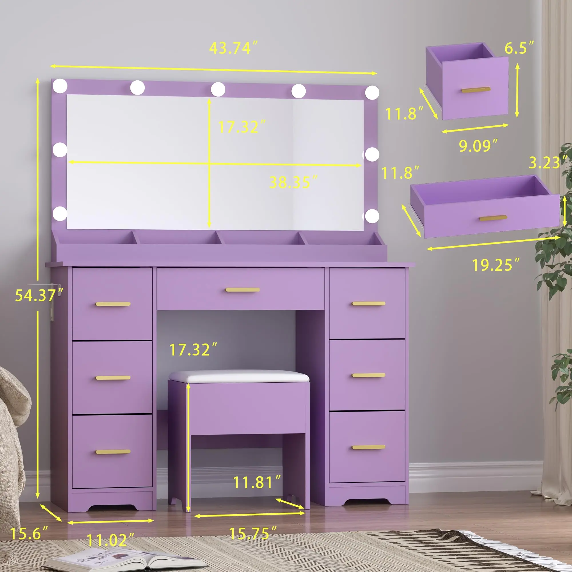 Makeup with Large Lighted Mirror and Chair, 7 Ders Makeup Desk Table with Power Strip, Adjustable Lighting, and