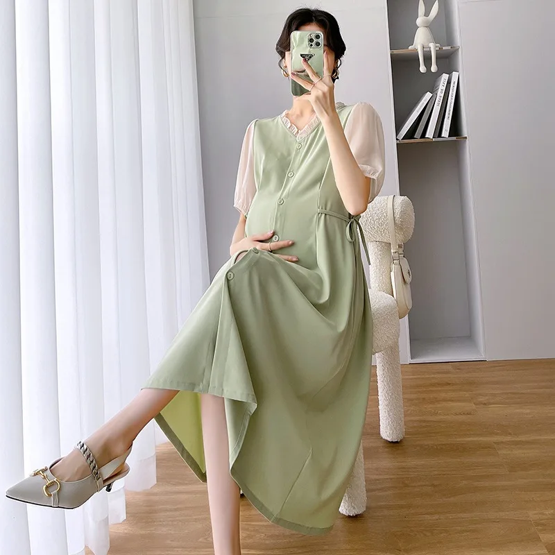 Maternity Clothes 2022 Summer New Elegant Korean Style Temperament Stitching Fake Two-piece for Breastfeeding Pregnant Dress