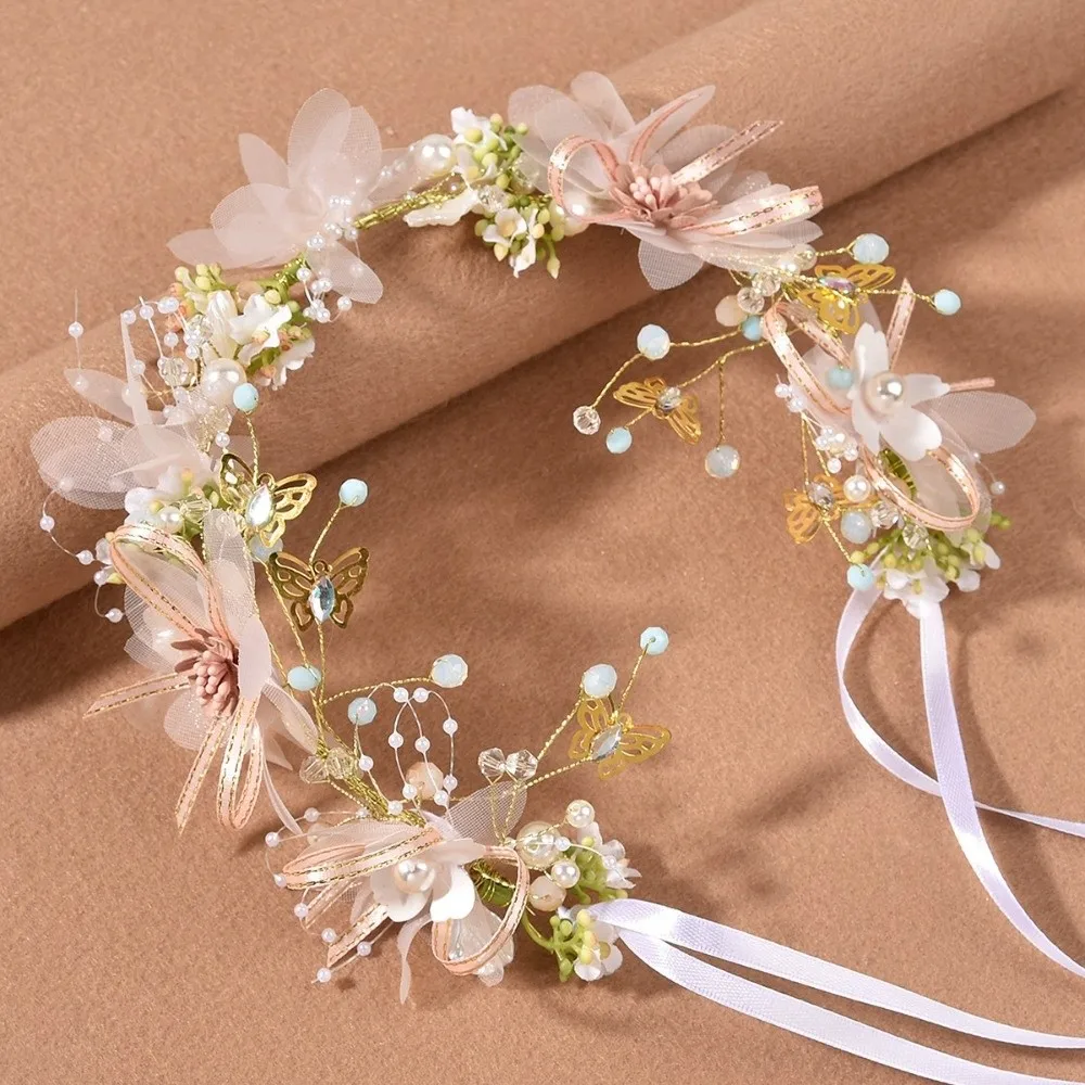 

Headwear Korean Style Flower Crown Hairband Tiara Hair Hoop Wreath Headband Butterfly Pearl Garland Wristband Wedding Party