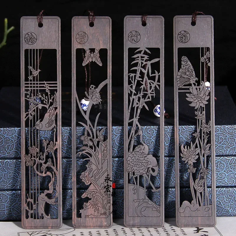 Diseño chino, ébano, ciruela, orquídea, bambú, crisantemo, tallado Vintage, marca de paginación, herramienta de lectura, marcadores bonitos