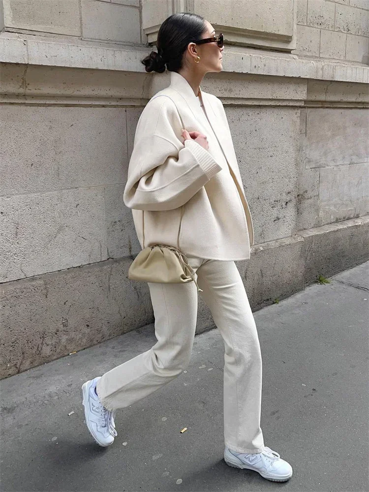 Fmxires New Casual Female Wool Overcoat Streetwear Patchwork Loose Cardigan Cropped Coat For Women Long Sleeve Solid Y2k Outwear