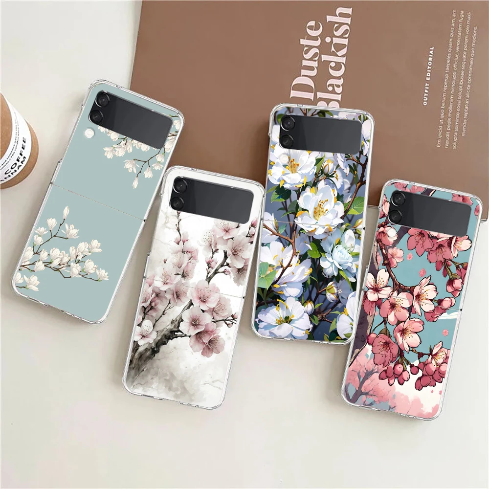 Cherry Blossom Tree Phone Case For Samsung Galaxy Z Flip 3 4 5 Hard Folding Clear PC Bumper For Samsung Z Flip3 Back Cover