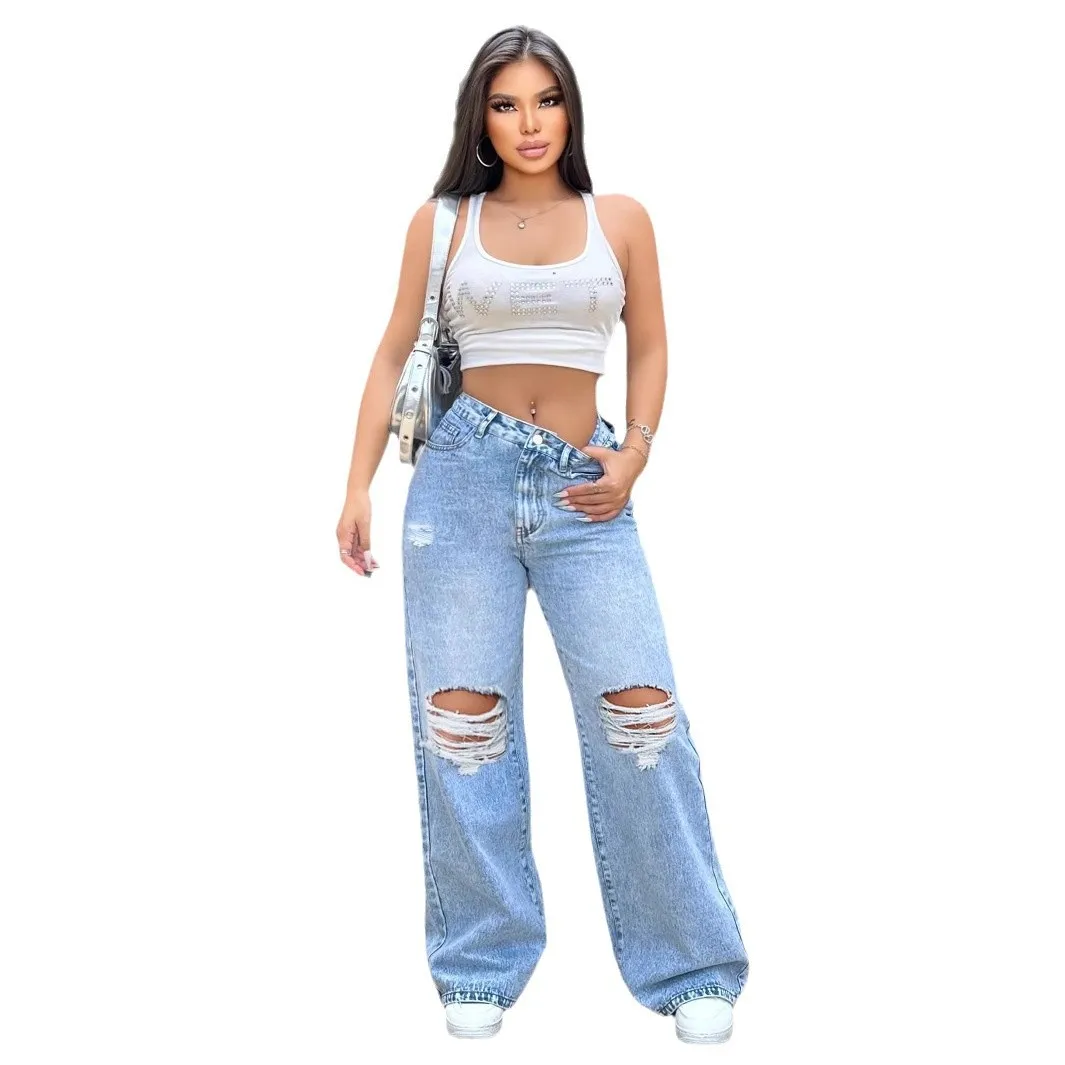 هول الجينز النساء خمر بنطال ذو قصة أرجل واسعة الدينيم الشارع الشهير عالية الخصر غسلها المتعثرة ممزق مستقيم بنطلون طول الأرض #4