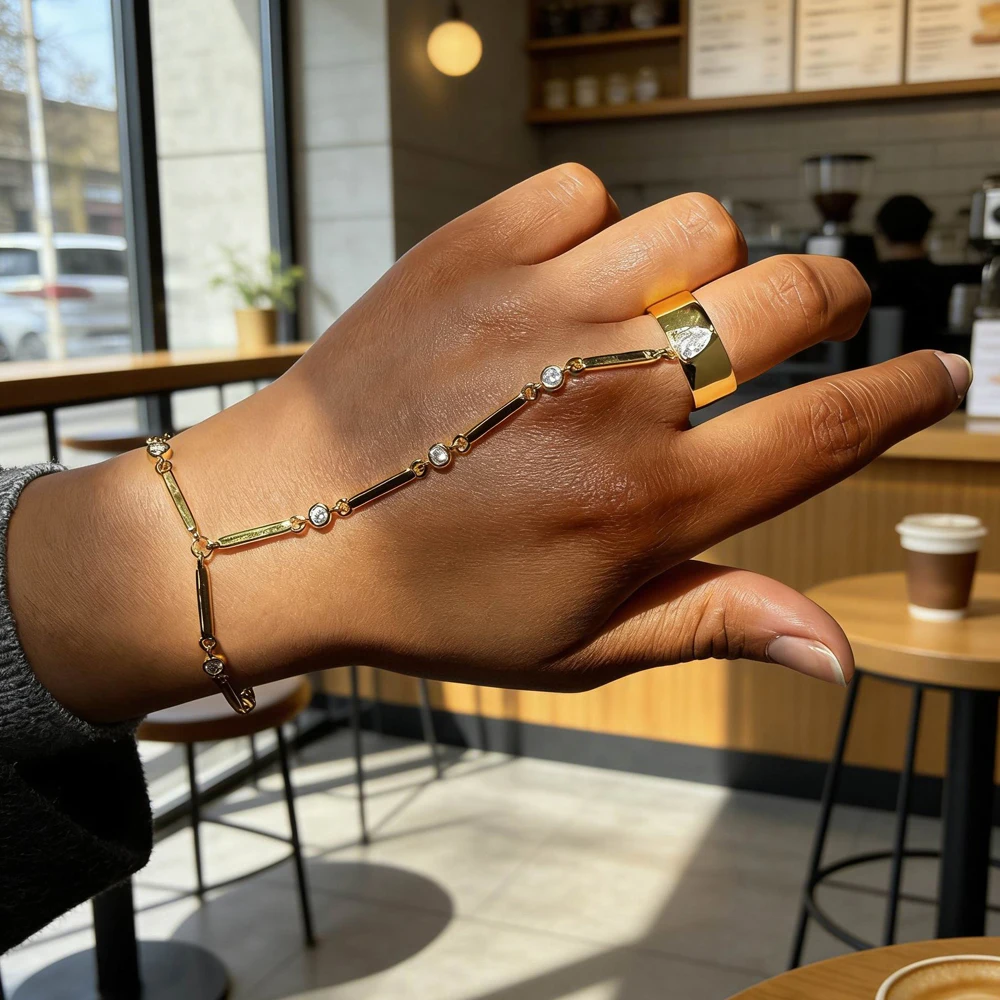 Geometric Round Cubic Zirconia Dainty Hand Chain Bracelet Ring Gold Color Handmade Link Chains Connecting Hand Jewelry for Women