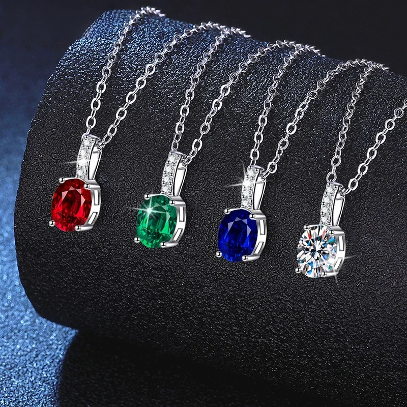 

Ожерелье из стерлингового серебра 925 пробы, 1-каратный овальный белый муассанит и лабораторный кулон из зеленого/синего/красного драгоценного камня, яркий блеск!