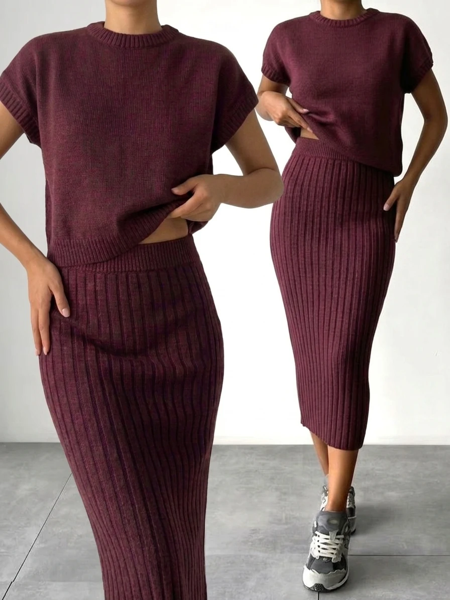 

Women's 2 Piece Knit Outfit Set 2026 Spring Summer Short Sleeve Top Ribbed Midi Skirt Elegant Casual Daily Matching Suit