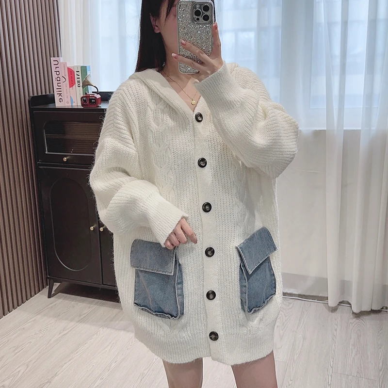 Vintage Fried Dough Twists Loose Hooded Cardigan Sweater Women's Autumn and Winter New Denim Pockets Casual Knit Coat