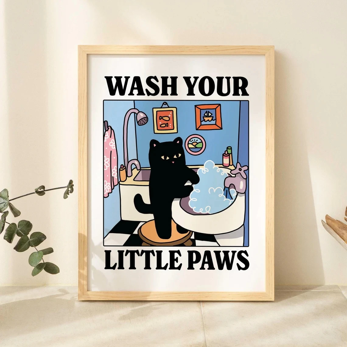 Lavar tus patas de plttle, baño, gato negro, impresiones artísticas de pared, pintura en lienzo, póster, imagen para sala de estar, decoración del hogar