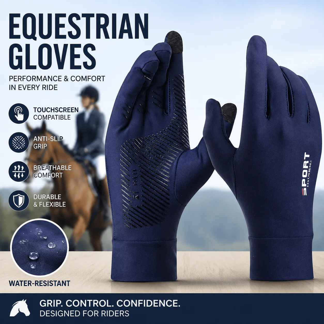 Equestrian specific gloves for adults, anti slip and wear-resistant silicone, comfortable, breathable, durable and sun resistant