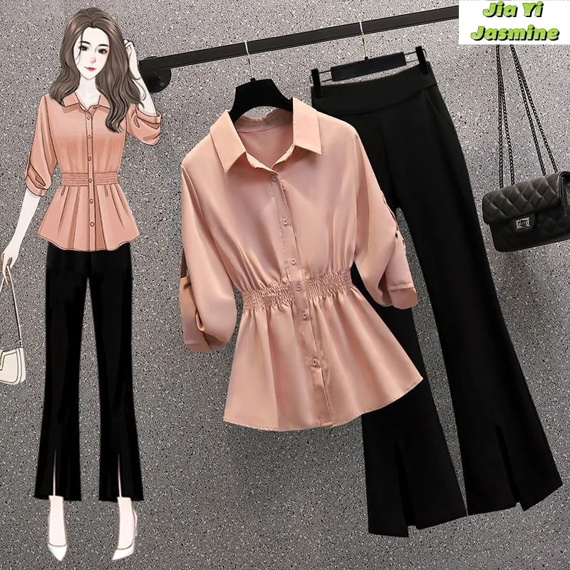 Western Style Waistband Shirt Summer 2024 Chubby Little Sister Loose Belly Covering Top Micro Flared Pants 2-piece Set