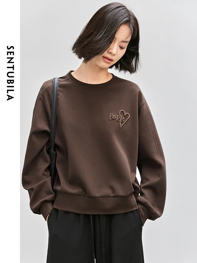 SENTUBILA Letter Embroidered Cotton Sweatshirts for Women 2024 Autumn O Neck Simple Loose Casual Simple Pullover Top 143A56423