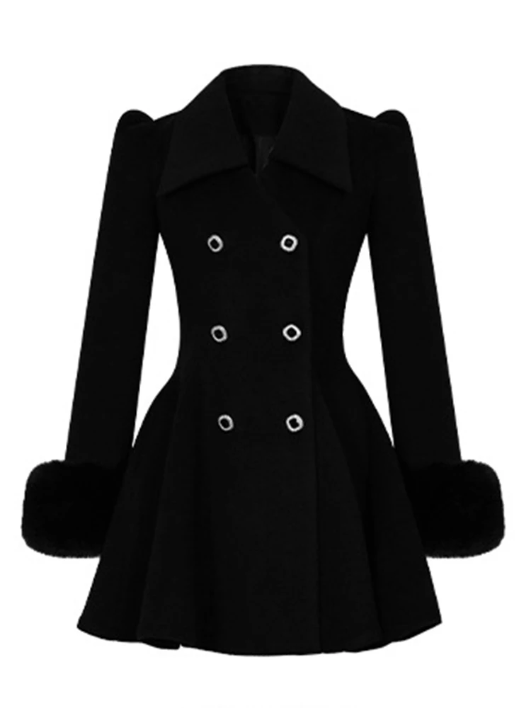 Fashion Elegant Party Jacket for Women Cute Celebrity Black Woolen Coat Fur Long Sleeve Tops Female Clothes Street Prom Outwear