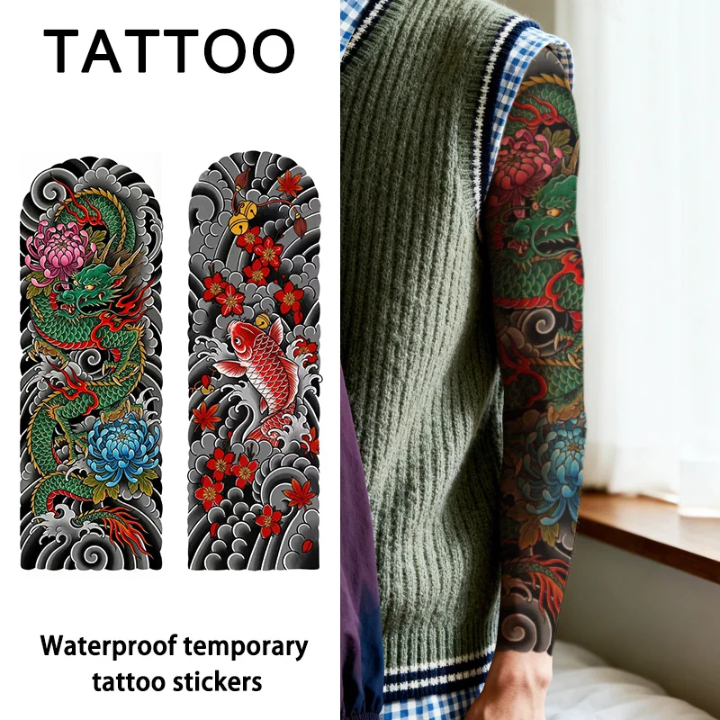 Asian Vintage Full Sleeve Temporary Tattoo Sticker, Long-lasting and Waterproof, Realistic Fake Tattoos for Man or Women.