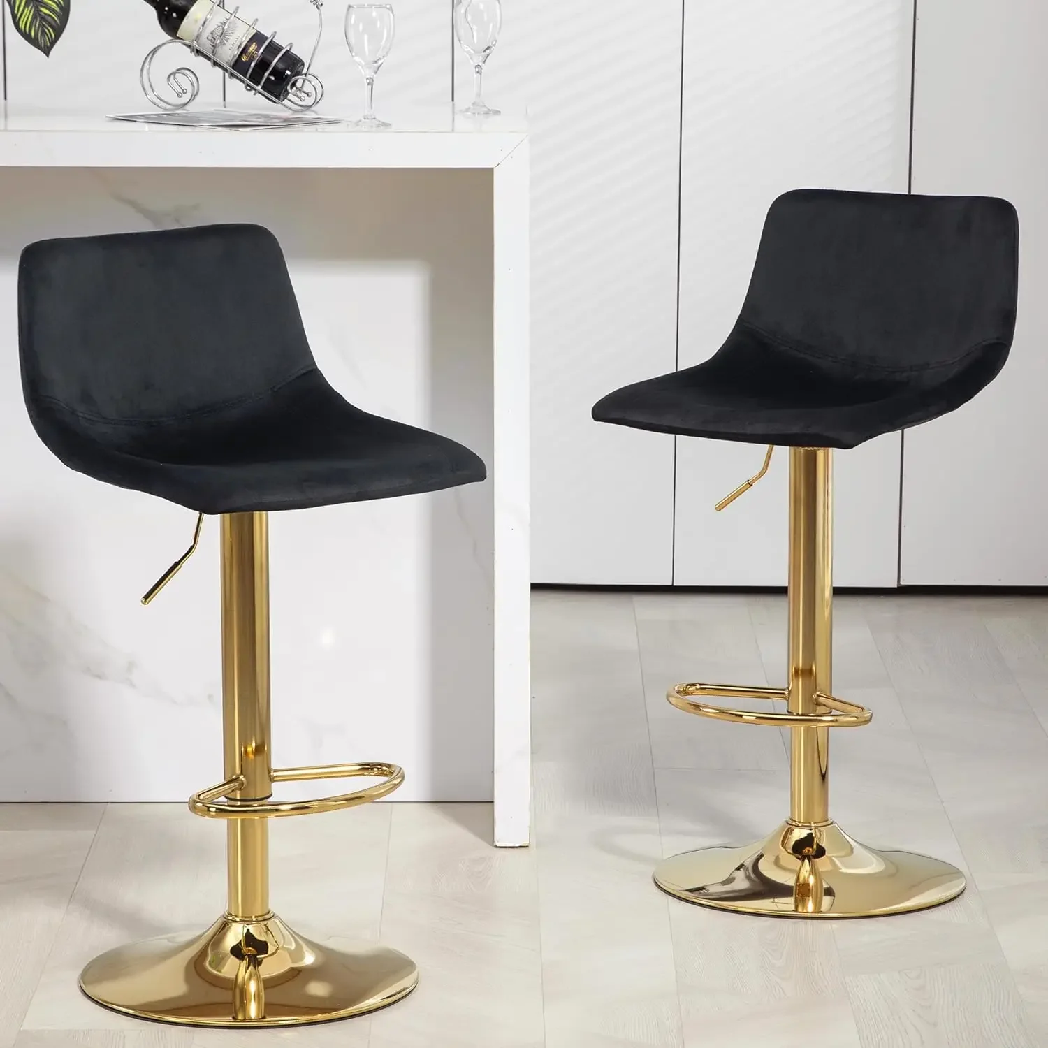 

Velvet Bar Stools Set of 2, Swivel Barstools with Footrest and Low Back, Adjustable Counter Height Armless Upholstered