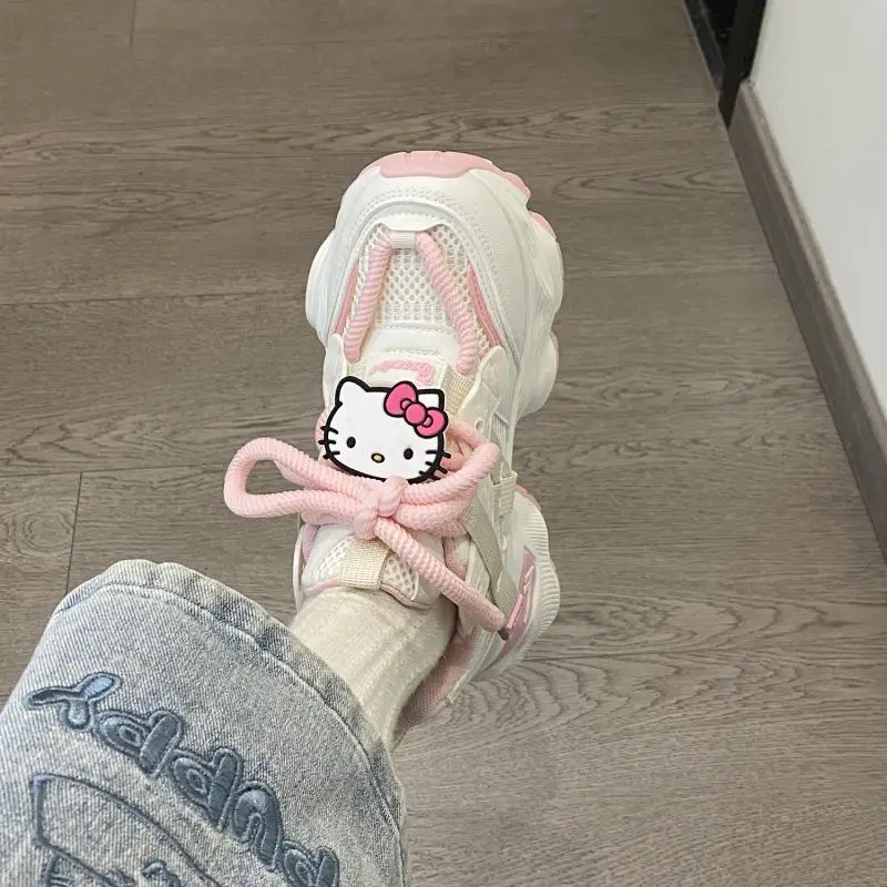 Kawaii Sanrio Hello Kitty Sport Shoes for Women Cartoon Lace Up Running Casual Sneaker Breathable Tennis Flat Trainers Trend