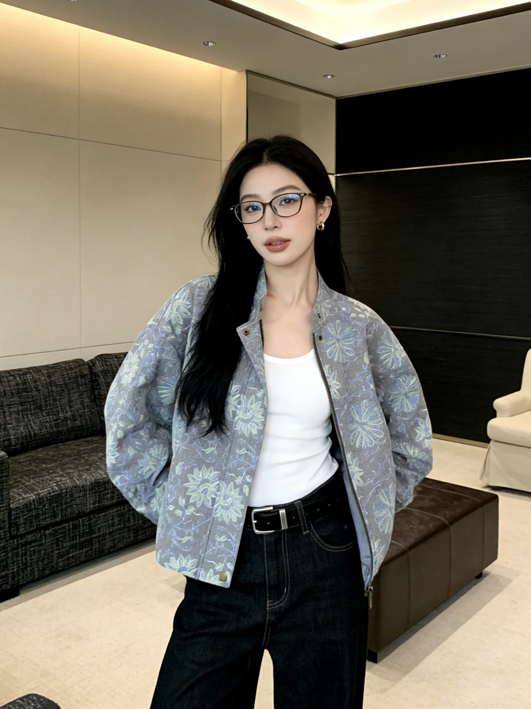 

Ретро-корейская короткая куртка с цветочной вышивкой, воротником-стойкой, свободного кроя, стройнящая, женская, весенняя, модная, топ