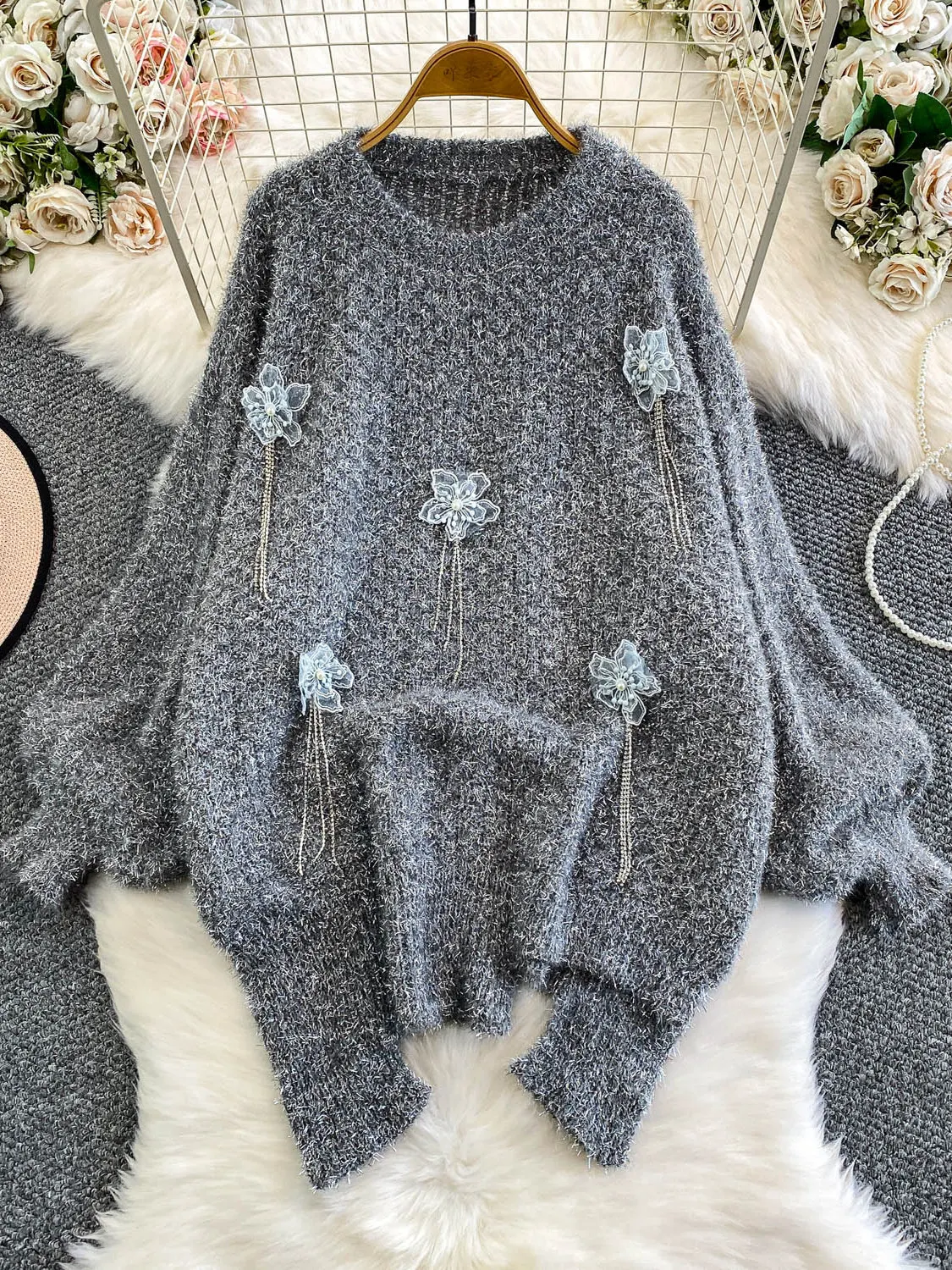 

Ladies Knitted Sweater iny Tead Heavy Work Floral Design Super Sli Medium Length Soft Sle Loose Fit Long Sve Top