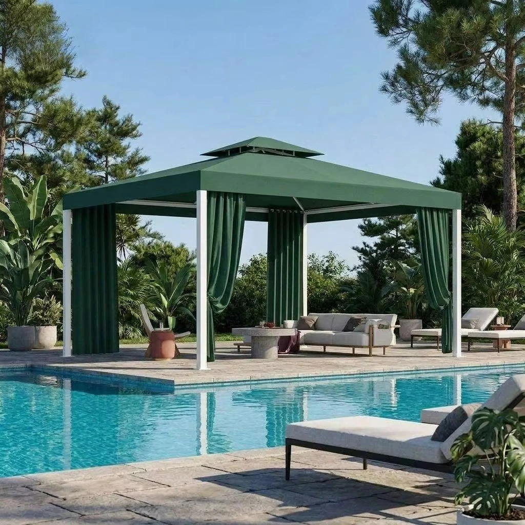 Outdoor Waterproof Gazebo Beige Patio Canopy Tent with Side Curtains Sun Shade Shelter for Garden Backyard Pool Party