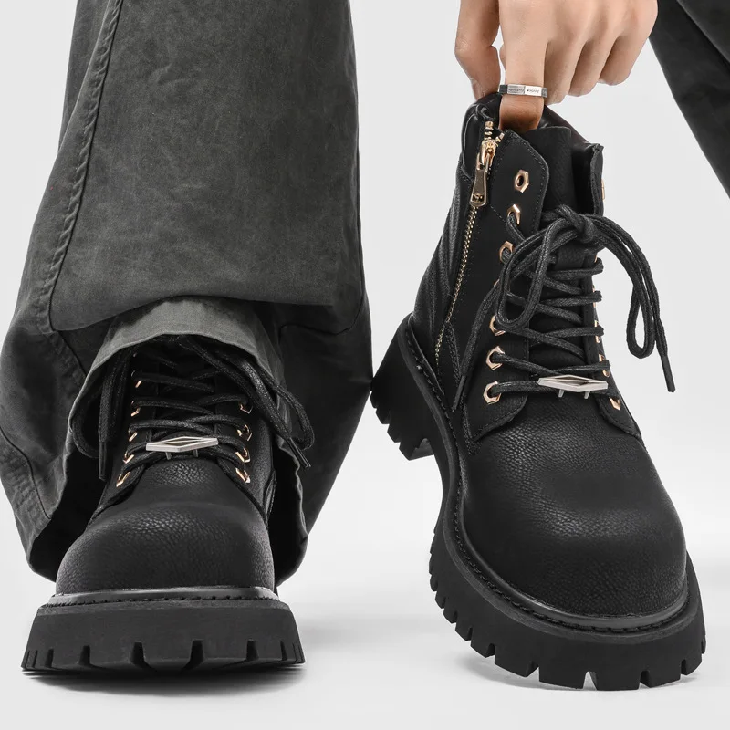men's casual party prom platform boots lace-up natural leather shoes cowboy tooling work boot outdoors designer ankle botas mans