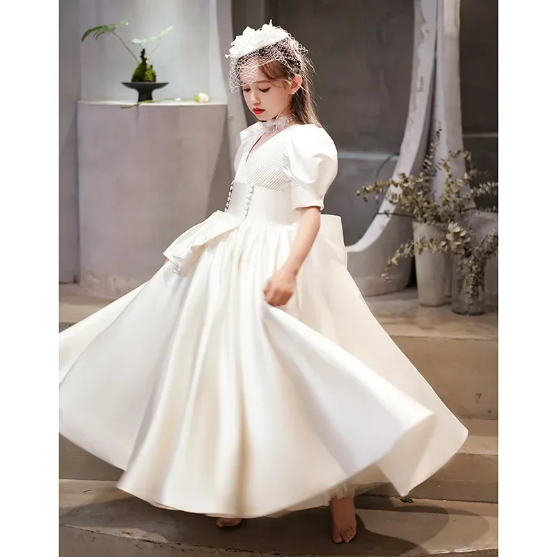 2023 Flower Girl Long Dress Kids Bridemaid Wedding Dresses For Children Big Bow Ball Gowns Girls Boutique Formal Elegant Frocks