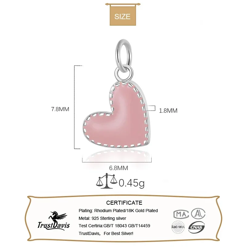 TrustDavis Real 925 Sterling Silver Colour Love Heart Pendant Handmade DIY Necklace Bracelet Accessories Fine Jewelry Gift HY990