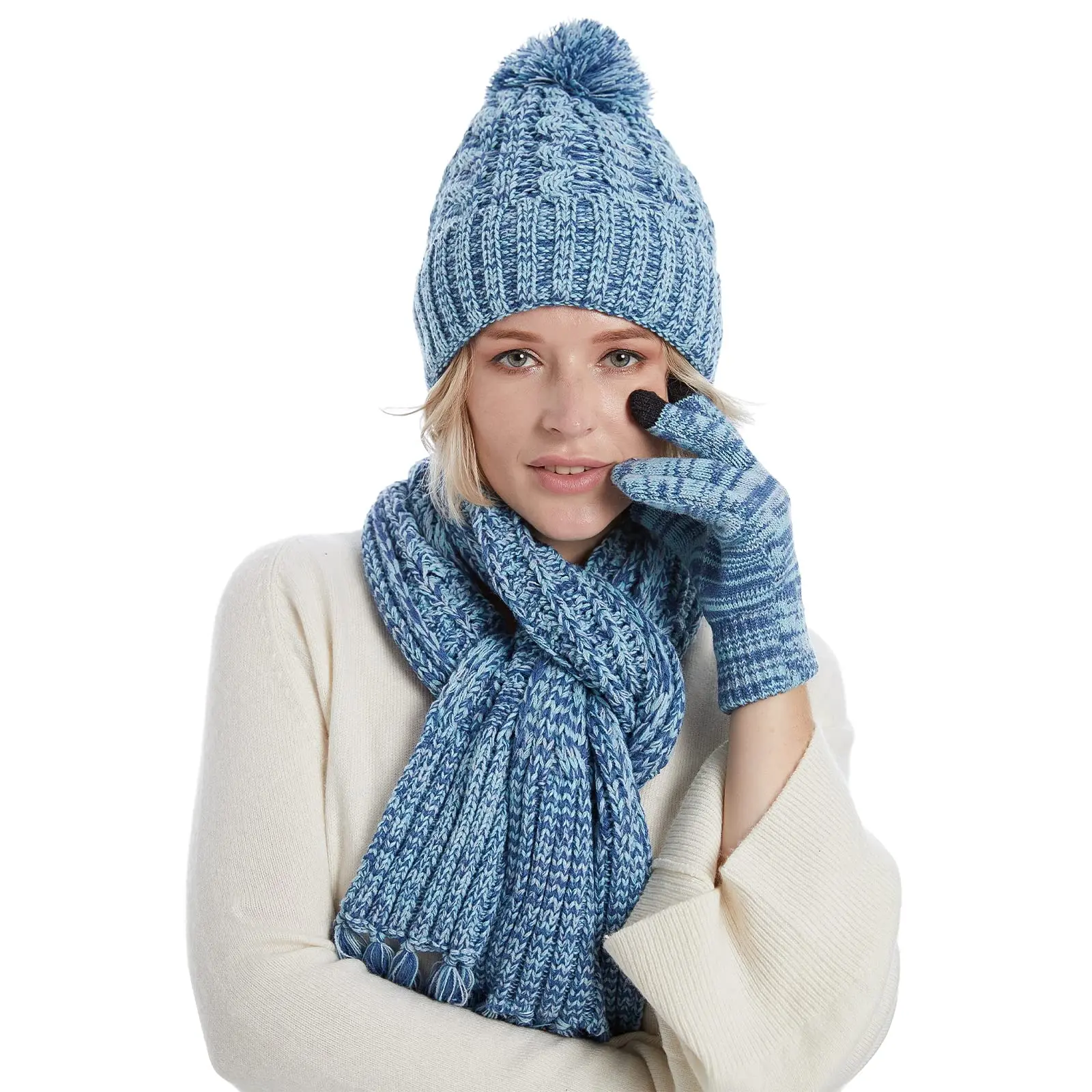 

Womens Cable Knit Beanie Hat Scarf Glove Set Fleece Lined Winter Hats Touchscreen Gloves Long Scarfs for Women