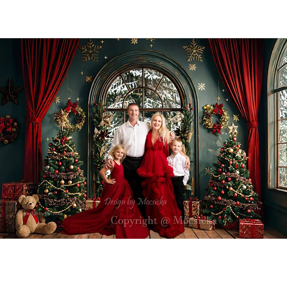 Christmas Window Photography Background Red Curtains Xmas Tree Gifts Toy Bear Green Backdrop Family Kids Winter Photo Studio