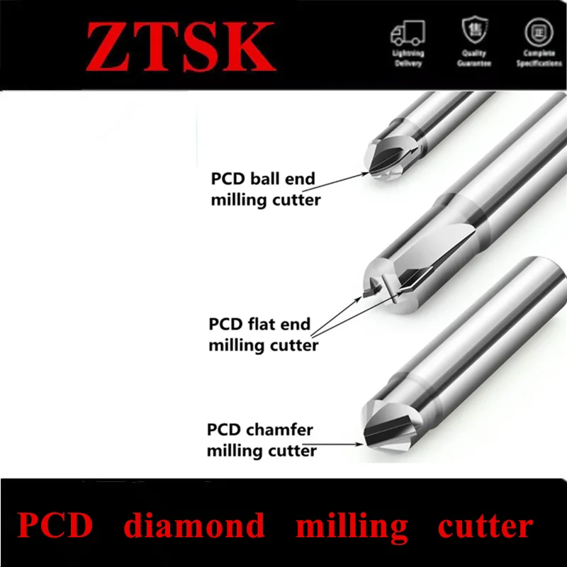 PCD Diamond Milling Cutter Carbon Fiber Fiberglass Bakelite Machining Tool Material CNC Carbide Engraving Bits 6mm End Mill