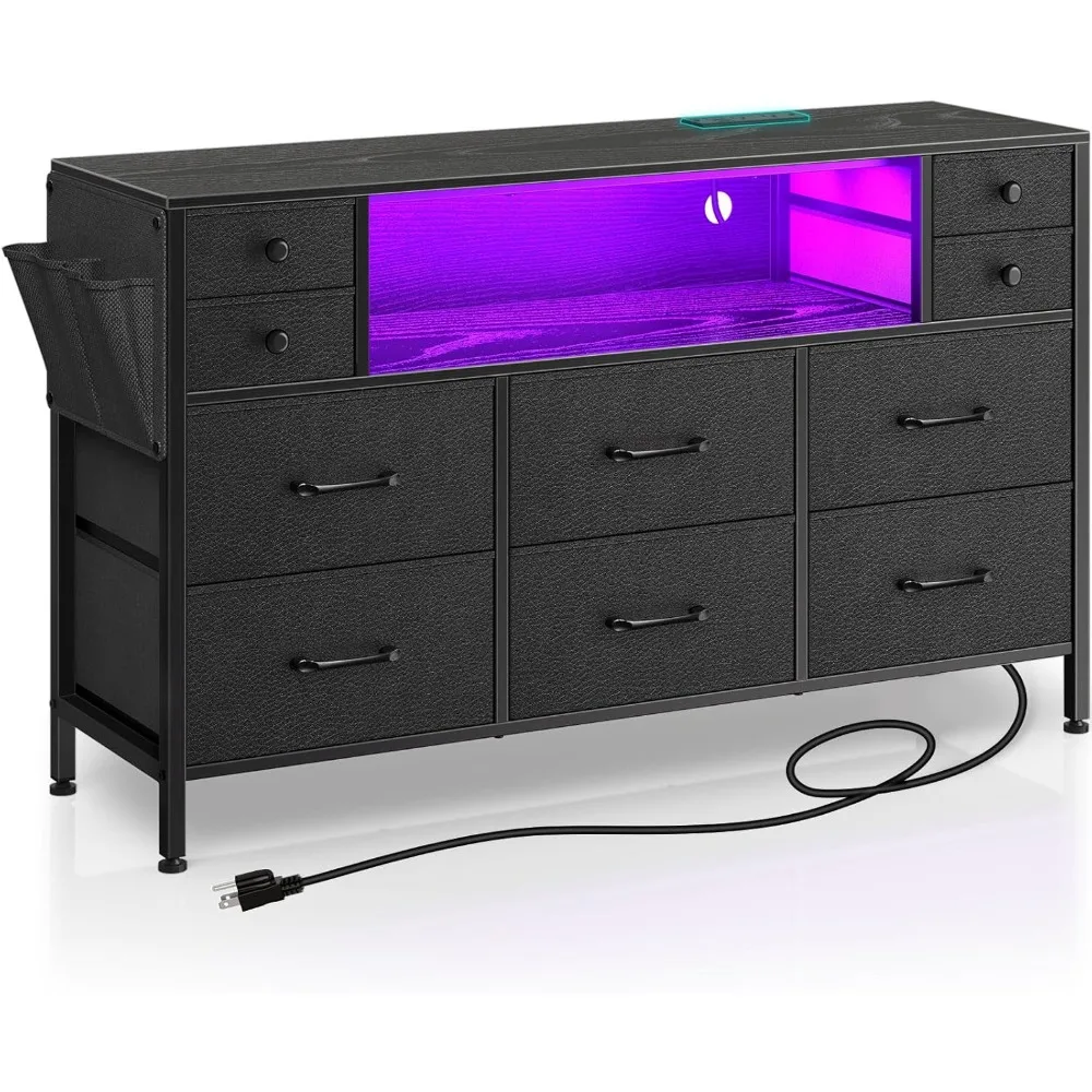 

Dresser with Power Outlets and LED Lights, 10 Drawers Dresser with Side Pocket, Fabric Chest of Drawers with PU Finish