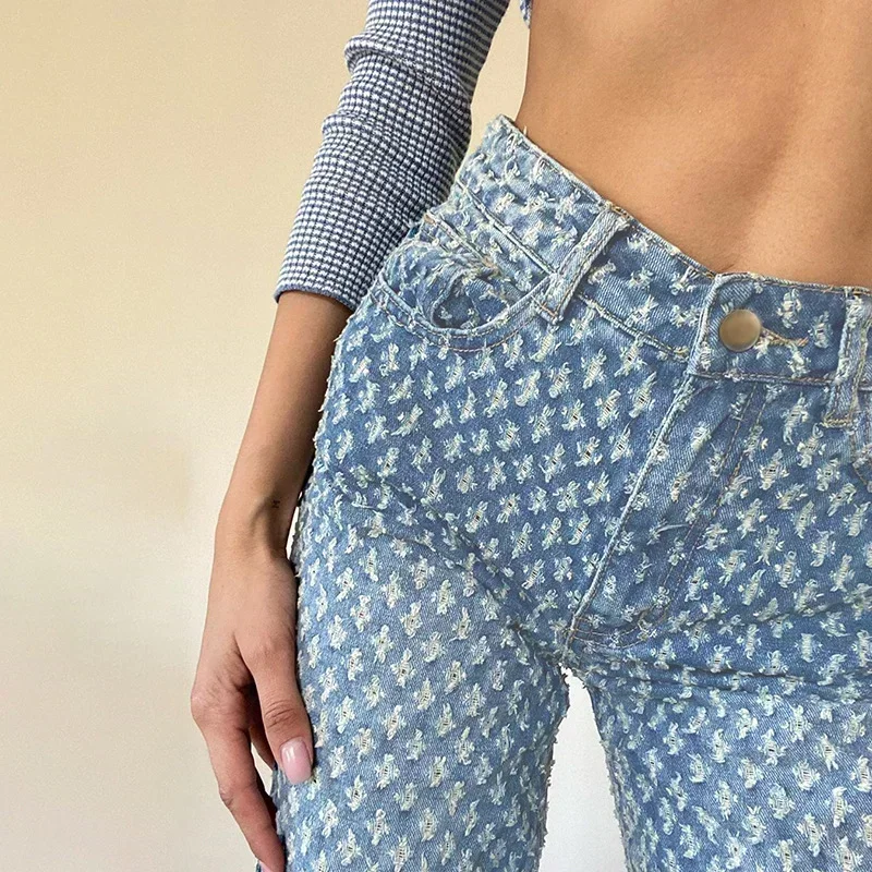 Women Vintage Denim Pants High-Waist Trousers Hollow Ripped Party Club Loose Straight Jeans Bottoms 90s Aesthetic Streetwear