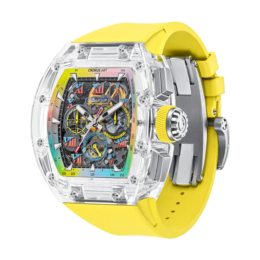 

CRONUSART Men Chronograph Watch Luxury 50mm Tonneau Automatic Mechanical Wristwatch Sapphire Case & Mirror Luminous Skeleton