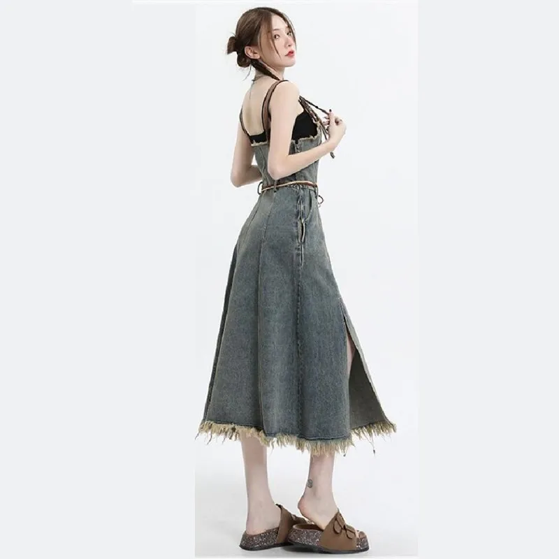 2025 Lente Nieuwe Vintage Denim Rok Bijpassende Set Vrouwen Elegante Losse Holle Gebreide Shirt + Sexy Split Jurk Tweedelig pak