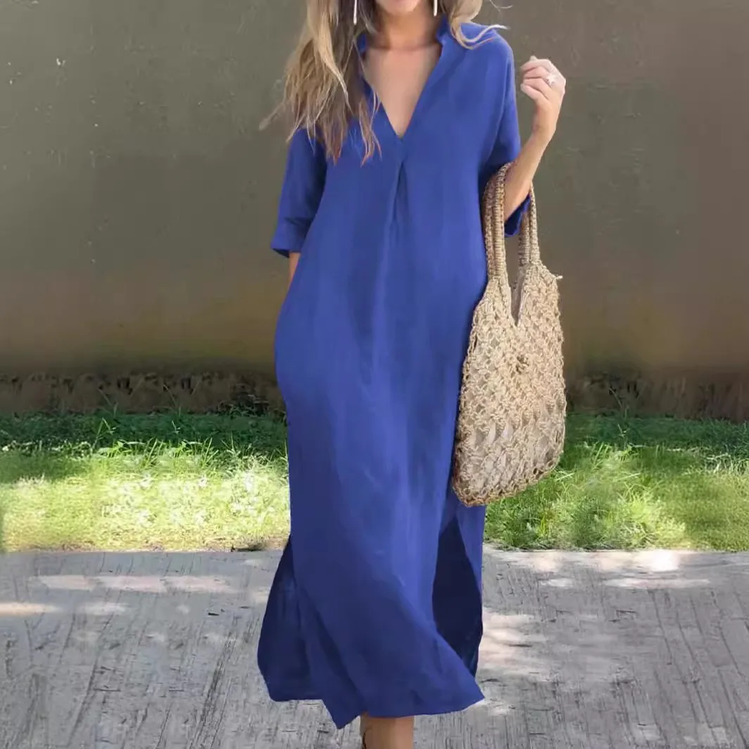 Fashion V-neck half Sleeve Solid Long Dress Women 2024 Summer Elegant Vintage Pocket Side Cotton Linen Dresses For Women