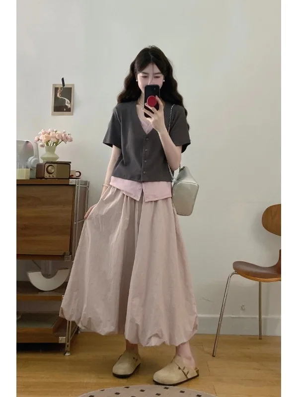 

plus Size Casual Outfit Summer New Korean Style Splice Color Block A-Line Bloomer Halter Skirt Fashionable Two-Piece Set