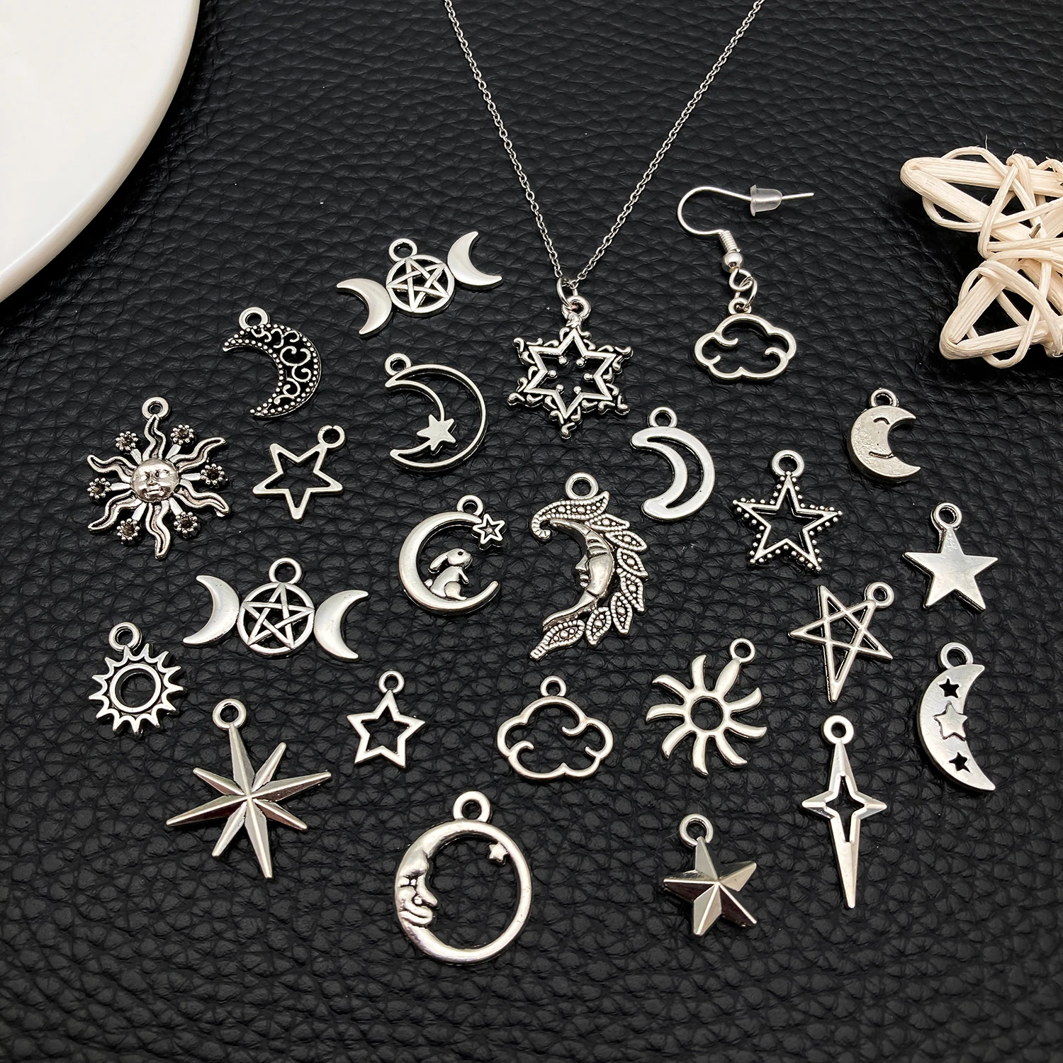 20/50/100pcs Mystical Celestial Charms Random Mix of Vintage Silver Stars, Moons & Suns – Perfect for Witchy Jewelry & Boho DIYs - view 5