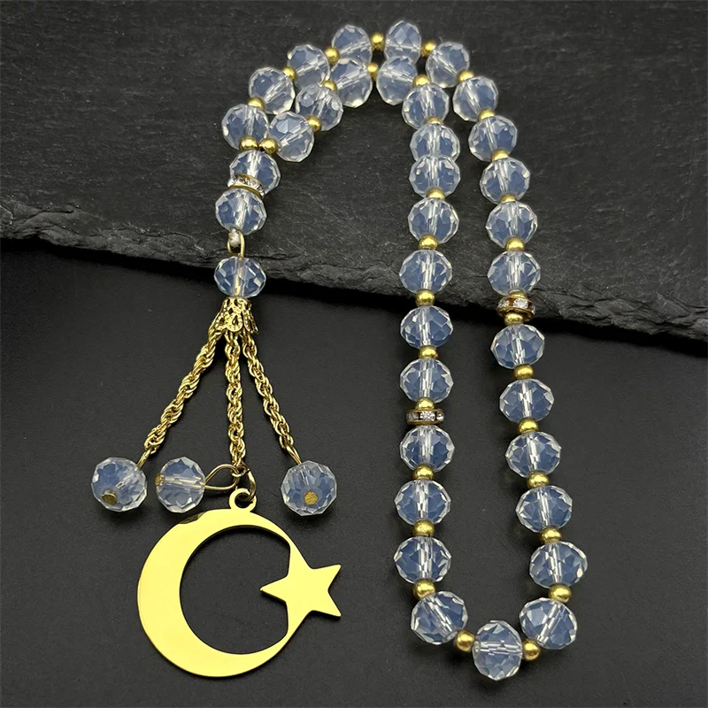 

Muslim Islam Crescent Moon Star Stainless Steel Car Pendant for Women Men Gold Color 33 Pary Glass Beads Jewelry Gift