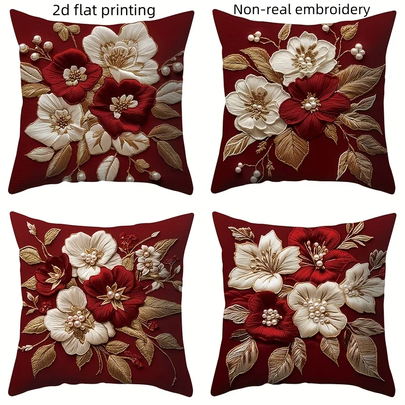 1/4pcs Red Floral Embroidered Pillowcases with 2d Flat Printing and Non-real Embroidery Sofa cushion cover home room decoration