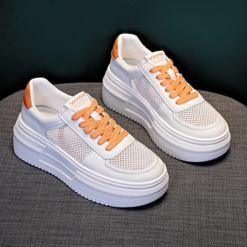 Fujin 5cm Air Mesh Genuine Leather White Sneakers Women Platform Shoes Women Casual Shoes Fashion Sneakers Summer Autumn Shoes